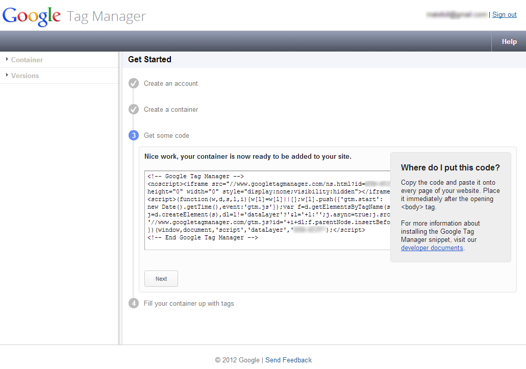コンテナー作成直後のGoogle Tag Managerコード生成画面